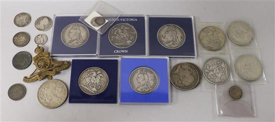 A quantity of assorted coins including Victorian crowns.